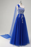 Royal Blue One Shoulder Applique Watteau Train Tulle Prom Dress