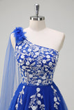 Royal Blue One Shoulder Applique Watteau Train Tulle Prom Dress