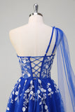 Royal Blue One Shoulder Applique Watteau Train Tulle Prom Dress