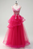 Fuchsia Sequined Applique A-Line Ruffled Prom Dress