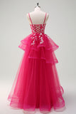 Fuchsia Sequined Applique A-Line Ruffled Prom Dress