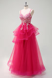 Fuchsia Sequined Applique A-Line Ruffled Prom Dress