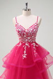 Fuchsia Sequined Applique A-Line Ruffled Prom Dress