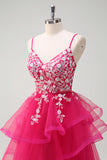 Fuchsia Sequined Applique A-Line Ruffled Prom Dress