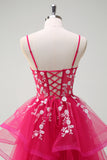 Fuchsia Sequined Applique A-Line Ruffled Prom Dress