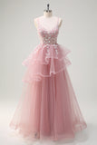 Grey Pink A-Line Spiral Ruffle Tiered Long Corset Prom Dress with Appliques