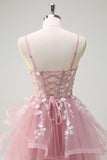 Grey Pink A-Line Spiral Ruffle Tiered Long Corset Prom Dress with Appliques