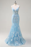 Sparkly Blue Corset Sequined Mermaid Prom Dress with Lace Up Back