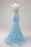 Sparkly Blue Corset Sequined Mermaid Prom Dress with Lace Up Back