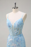 Sparkly Blue Corset Sequined Mermaid Prom Dress with Lace Up Back