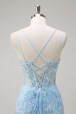 Sparkly Blue Corset Sequined Mermaid Prom Dress with Lace Up Back