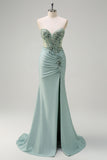 Grey Green Strapless Corset Sequined Mermaid Prom Dress with Slit