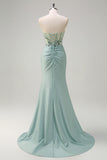 Grey Green Strapless Corset Sequined Mermaid Prom Dress with Slit