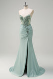 Grey Green Strapless Corset Sequined Mermaid Prom Dress with Slit