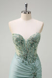 Grey Green Strapless Corset Sequined Mermaid Prom Dress with Slit