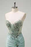 Grey Green Strapless Corset Sequined Mermaid Prom Dress with Slit