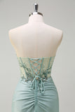 Grey Green Strapless Corset Sequined Mermaid Prom Dress with Slit