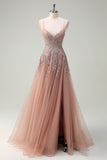 Blush Spaghetti Straps Applique A-Line Prom Dress with Slit