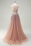 Blush Spaghetti Straps Applique A-Line Prom Dress with Slit