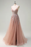 Blush Spaghetti Straps Applique A-Line Prom Dress with Slit