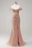 Dusty Rose Sequined Off the Shoulder Corset Mermaid Prom Dress with Slit