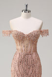 Dusty Rose Sequined Off the Shoulder Corset Mermaid Prom Dress with Slit