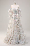 White Floral Off the Shoulder Corset Ruffled A-Line Prom Dress