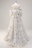 White Floral Off the Shoulder Corset Ruffled A-Line Prom Dress