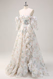 White Floral Off the Shoulder Corset Ruffled A-Line Prom Dress