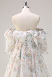 White Floral Off the Shoulder Corset Ruffled A-Line Prom Dress