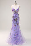 Sparkly Purple Corset Sequins Beaded Mermaid Prom Dress