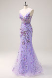 Sparkly Purple Spaghtti Straps Sequins Mermaid Prom Dress