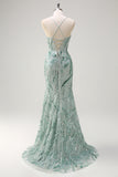 Green Spaghetti Straps Sequins Beaded Prom Dress with Slit