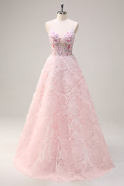 Pink Corset Sequined Applique A-Line Prom Dress with 3D Flower