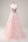 Pink Corset Sequined Applique A-Line Prom Dress with 3D Flower