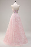 Pink Corset Sequined Applique A-Line Prom Dress with 3D Flower