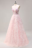 Pink Corset Sequined Applique A-Line Prom Dress with 3D Flower