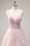 Pink Corset Sequined Applique A-Line Prom Dress with 3D Flower