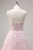 Pink Corset Sequined Applique A-Line Prom Dress with 3D Flower