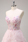 Pink Corset Sequined Applique A-Line Prom Dress with 3D Flower