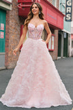 Pink Corset Sequined Applique A-Line Prom Dress with 3D Flower