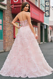 Pink Corset Sequined Applique A-Line Prom Dress with 3D Flower