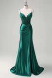 Glitter Dark Green Corset Sequined Mermaid Satin Prom Dress with Slit