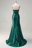 Glitter Dark Green Corset Sequined Mermaid Satin Prom Dress with Slit