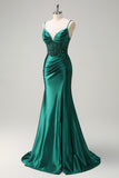 Glitter Dark Green Corset Sequined Mermaid Satin Prom Dress with Slit