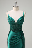 Glitter Dark Green Corset Sequined Mermaid Satin Prom Dress with Slit