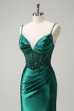 Glitter Dark Green Corset Sequined Mermaid Satin Prom Dress with Slit