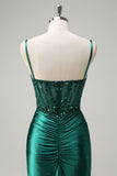 Glitter Dark Green Corset Sequined Mermaid Satin Prom Dress with Slit