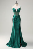 Sparkly Dark Green Corset Beaded Mermaid Satin Prom Dress with Slit