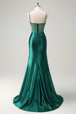 Sparkly Dark Green Corset Beaded Mermaid Satin Prom Dress with Slit